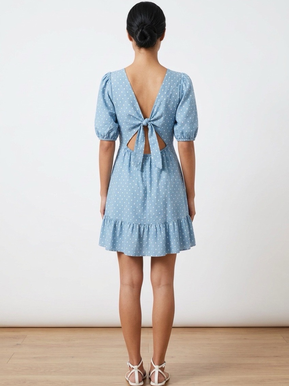 LOFT Cottagecore Blue Chambray Square-Neck Puff Sleeve Mini Dress Size 10 - Picture 3 of 9